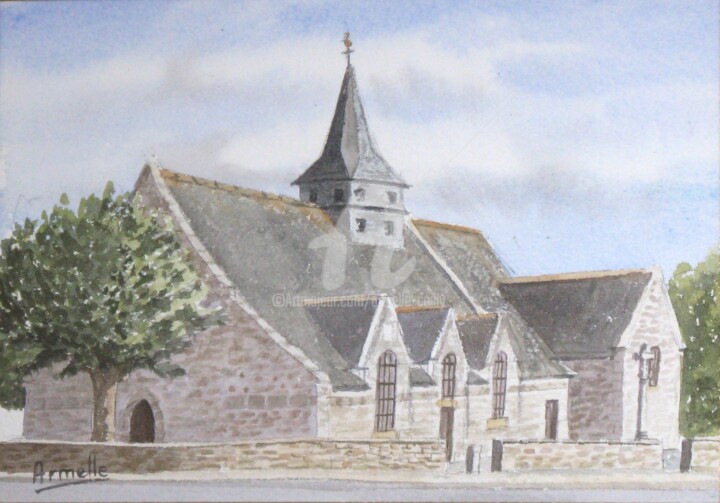 Painting titled "Vieille église de S…" by Armelle Cailly, Original Artwork, Watercolor Mounted on Cardboard