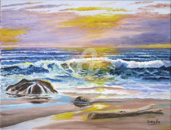 Painting titled "coucher de soleil" by Armelle Cailly, Original Artwork, Oil Mounted on Wood Stretcher frame