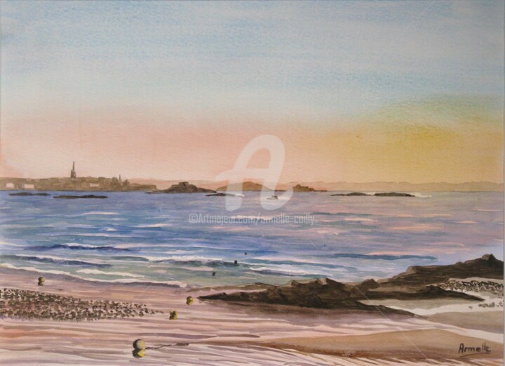 Painting titled "Saint Malo la plage…" by Armelle Cailly, Original Artwork, Watercolor