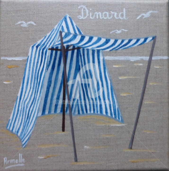 Painting titled "tente de plage rayé…" by Armelle Cailly, Original Artwork, Acrylic Mounted on Wood Stretcher frame