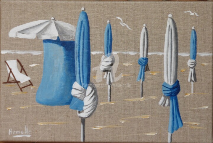 Peinture intitulée "parasols bleus" par Armelle Cailly, Œuvre d'art originale, Acrylique Monté sur Châssis en bois