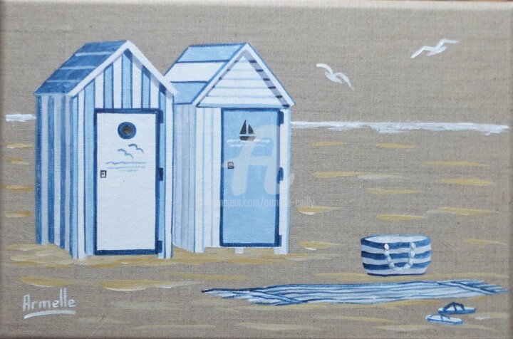 绘画 标题为“cabines de plage bl…” 由Armelle Cailly, 原创艺术品, 丙烯