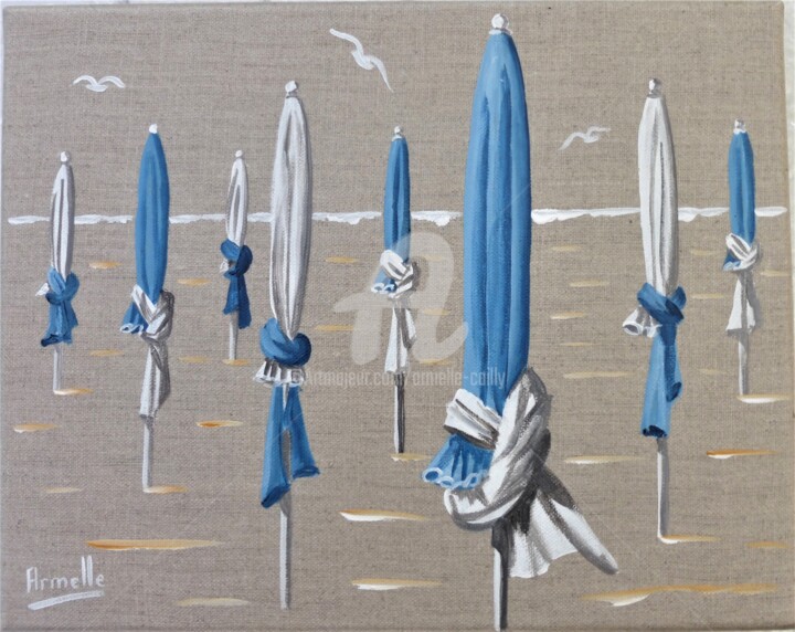 Peinture intitulée "parasols bleus et b…" par Armelle Cailly, Œuvre d'art originale, Acrylique Monté sur Châssis en bois