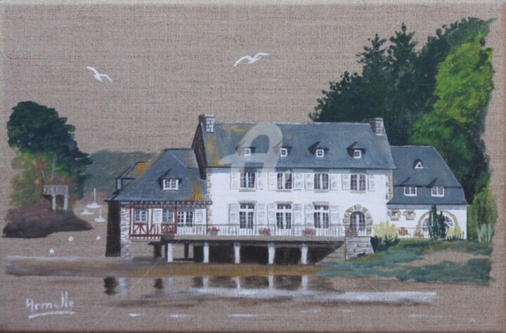 Painting titled "le Moulin Neuf à Pl…" by Armelle Cailly, Original Artwork, Acrylic Mounted on Wood Stretcher frame