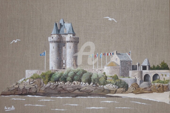 Painting titled "tour solidor à Sain…" by Armelle Cailly, Original Artwork, Acrylic Mounted on Wood Stretcher frame