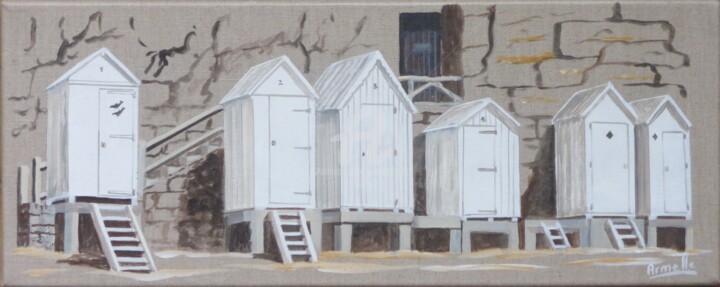 Peinture intitulée "Saint Briac cabines" par Armelle Cailly, Œuvre d'art originale, Acrylique Monté sur Châssis en bois