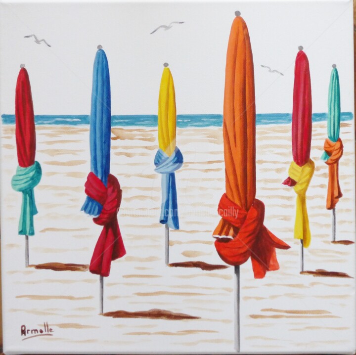 Painting titled "Parasols à Deauvill…" by Armelle Cailly, Original Artwork, Acrylic Mounted on Wood Stretcher frame