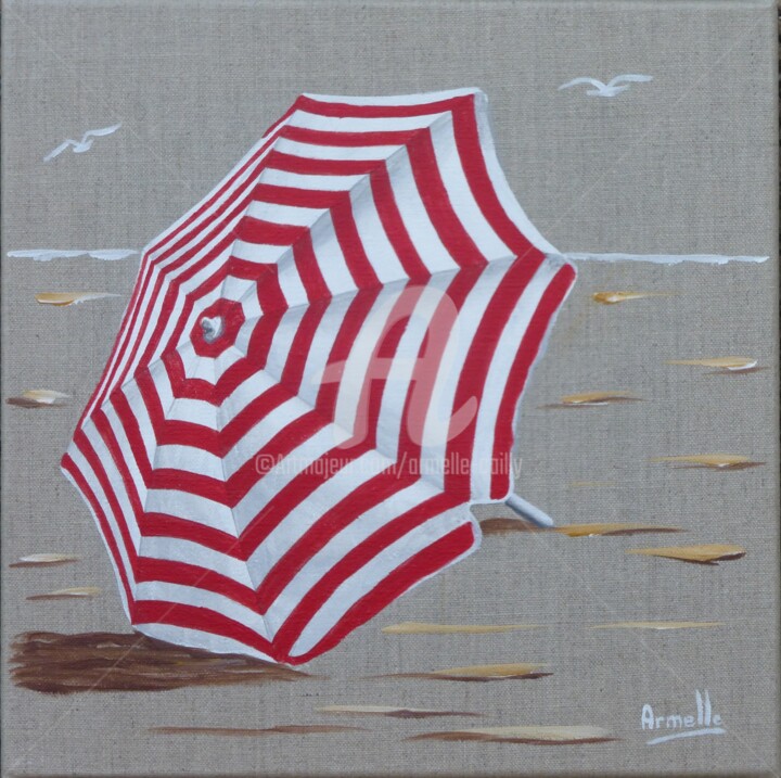 「parasol rayé rouge」というタイトルの絵画 Armelle Caillyによって, オリジナルのアートワーク, アクリル ウッドストレッチャーフレームにマウント