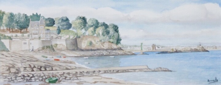 Painting titled "Plage du Pissot à L…" by Armelle Cailly, Original Artwork, Watercolor Mounted on Cardboard