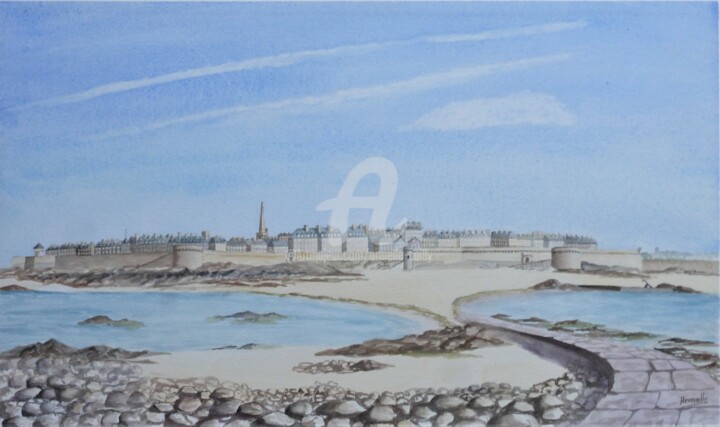 Painting titled "Saint Malo vu du gr…" by Armelle Cailly, Original Artwork, Watercolor Mounted on Cardboard