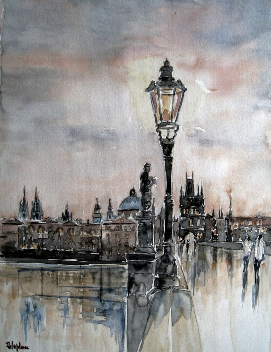 Painting titled "Prague" by Armelle Delaplace, Original Artwork, Watercolor Mounted on Cardboard