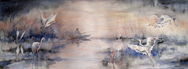 Peinture intitulée "quiétude matinale" par Armelle Delaplace, Œuvre d'art originale, Aquarelle Monté sur Carton