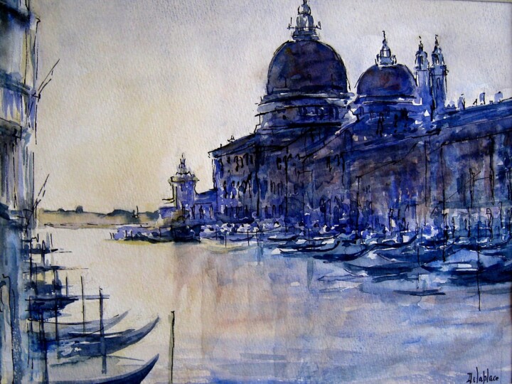 Painting titled "Venise bleue" by Armelle Delaplace, Original Artwork, Watercolor