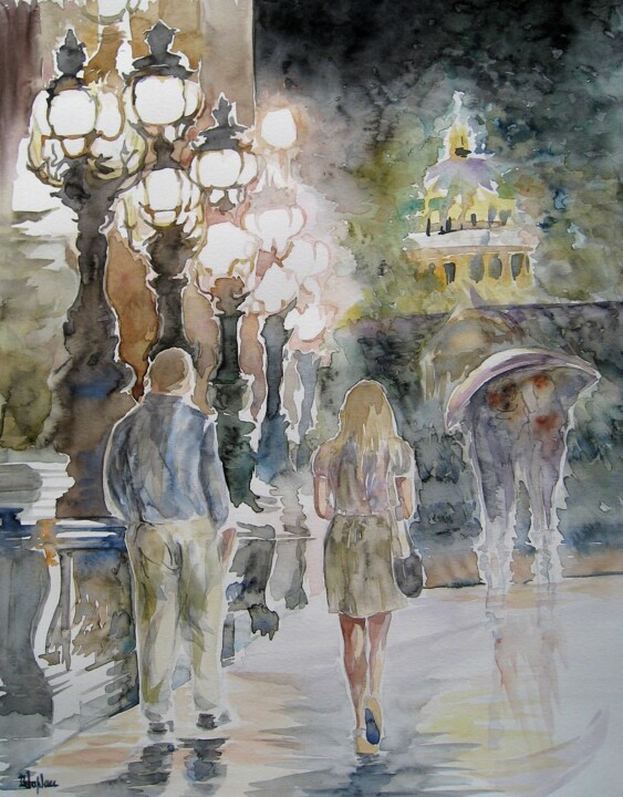 Peinture intitulée "Paris - pont la nuit" par Armelle Delaplace, Œuvre d'art originale, Aquarelle Monté sur Carton