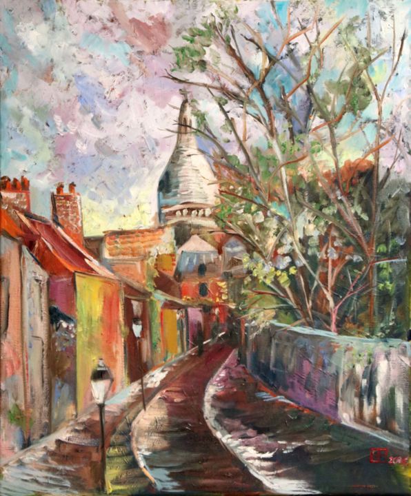 Painting titled "Montmartre l'hiver" by Armelle Pruniaux, Original Artwork, Oil
