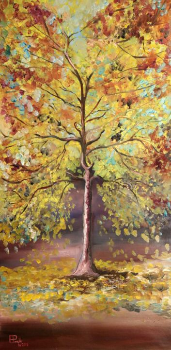 Painting titled "Arbre d'or" by Armelle Pruniaux, Original Artwork, Oil