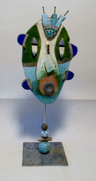 Sculpture intitulée "Masque bleu et vert" par Armelle Colombier, Œuvre d'art originale, Céramique