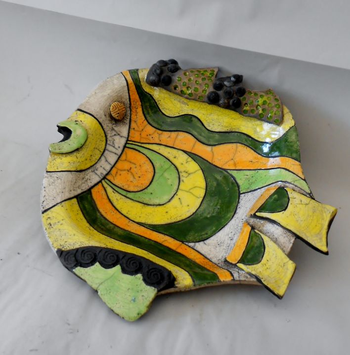 Design intitulée "coupe poisson jaune…" par Armelle Colombier, Œuvre d'art originale