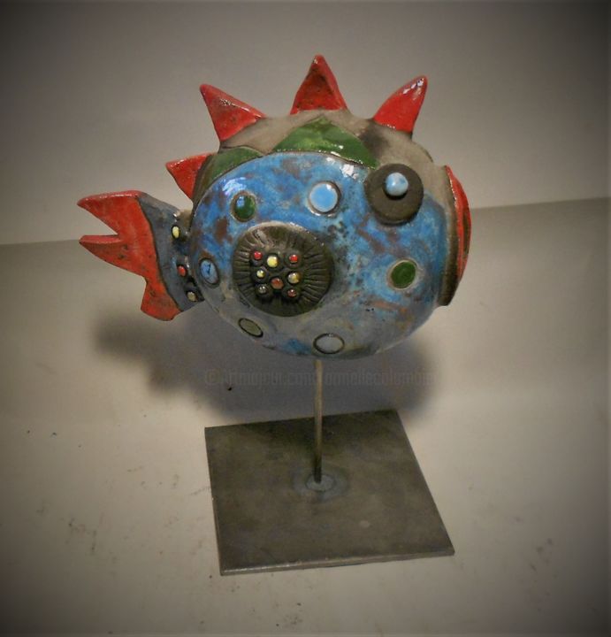 Sculpture intitulée "poisson bleu vert" par Armelle Colombier, Œuvre d'art originale, Céramique