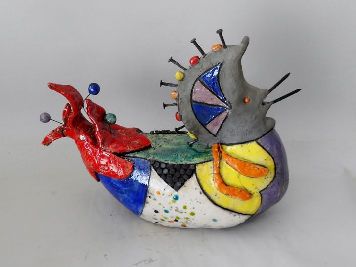 Escultura intitulada "le canard mandarin" por Armelle Colombier, Obras de arte originais, Cerâmica