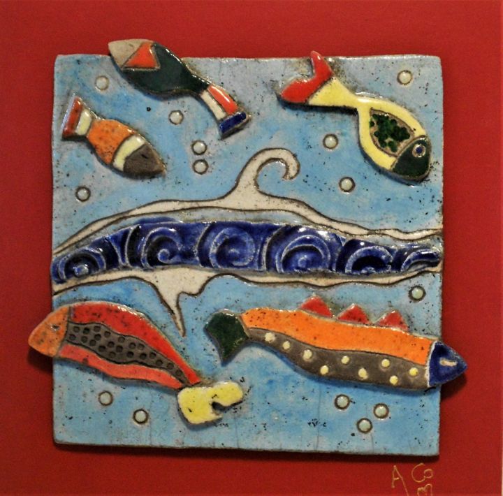 Sculpture titled "tableau poisson 3" by Armelle Colombier, Original Artwork, Ceramics Mounted on Wood Panel