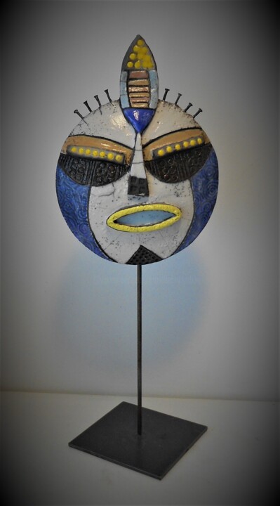Sculpture intitulée "Totem bleu et jaune" par Armelle Colombier, Œuvre d'art originale, Céramique