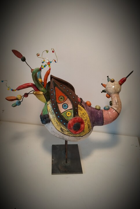 Escultura intitulada "L'oiseau coloré" por Armelle Colombier, Obras de arte originais, Cerâmica