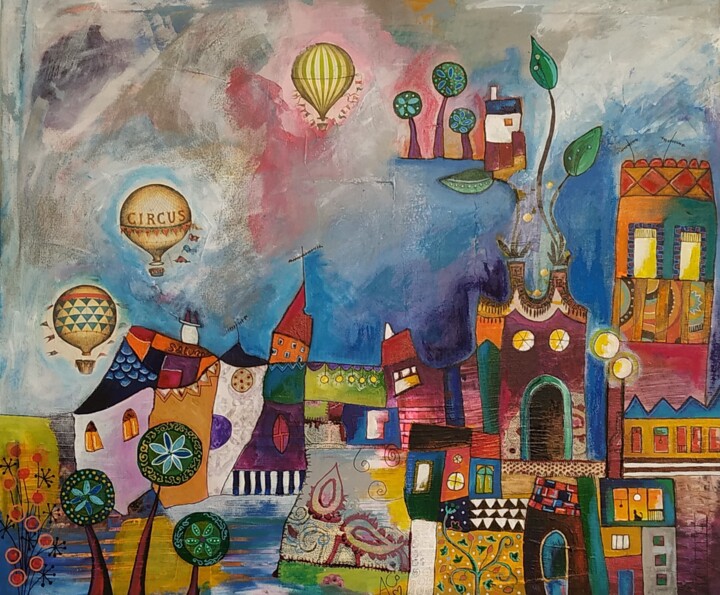 Peinture intitulée "La Ville en fête" par Armelle Colombier, Œuvre d'art originale, Acrylique