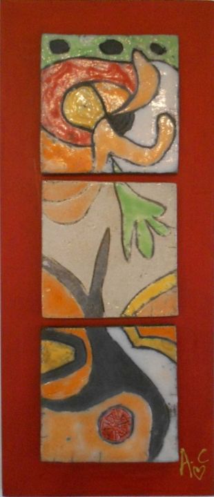 Γλυπτική με τίτλο "tryptiqueteteal-env…" από Armelle Colombier, Αυθεντικά έργα τέχνης, Κεραμικά