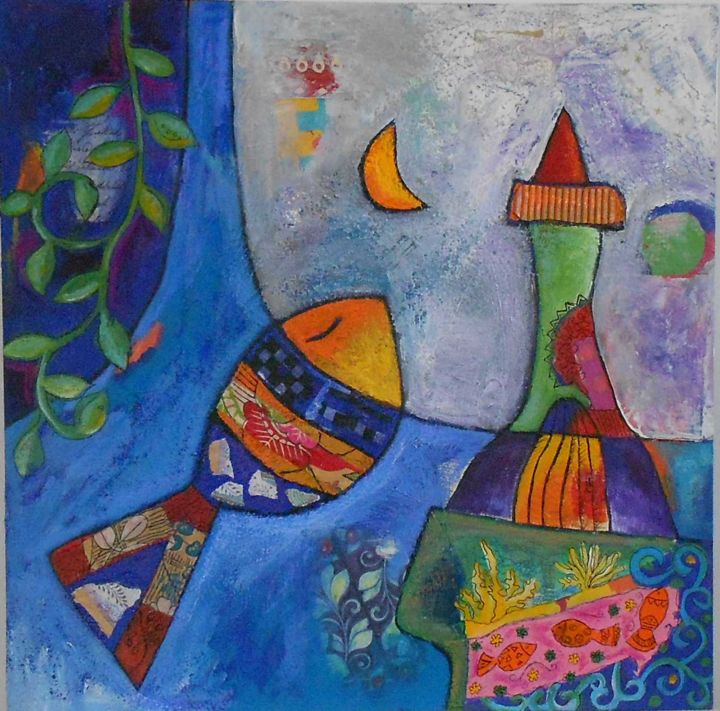 Painting titled "Le poisson au phare" by Armelle Colombier, Original Artwork, Acrylic