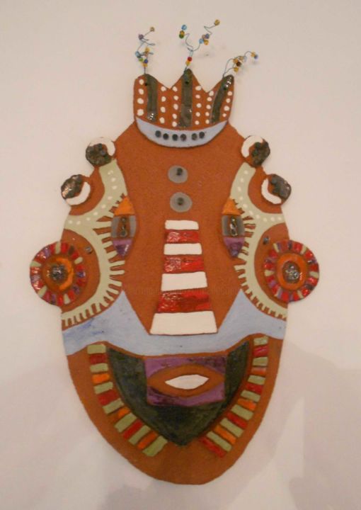 Sculpture titled "masque rouge" by Armelle Colombier, Original Artwork, Ceramics