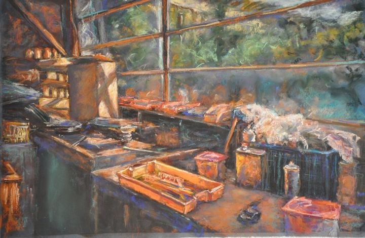 Painting titled "l'atelier de PAUL" by Armelle Panay, Original Artwork, Pastel