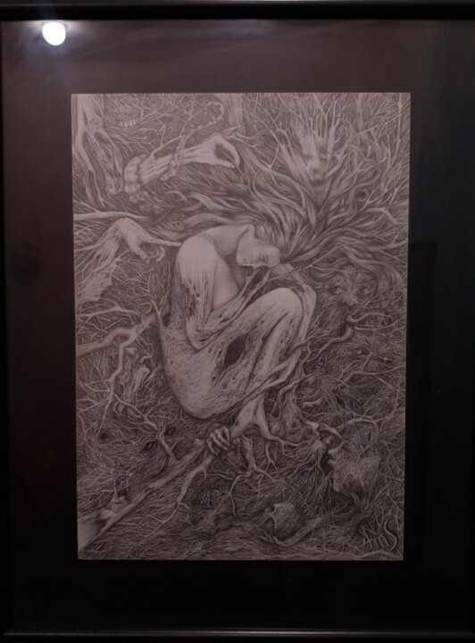 Painting titled "Calmness" by Armen Sahakyan, Original Artwork, Pencil Mounted on Glass