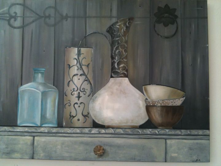 Peinture intitulée "vase-et-bouteille-b…" par Armengol Nicole, Œuvre d'art originale