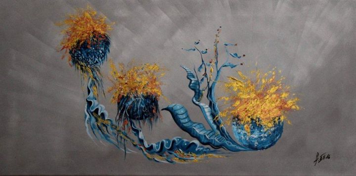 Ζωγραφική με τίτλο ""Golden Flowers"" από Armin Evers, Αυθεντικά έργα τέχνης, Ακρυλικό