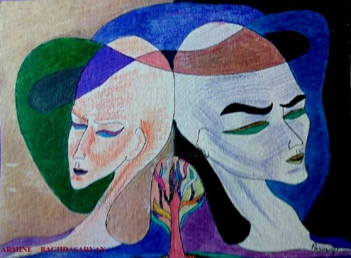 Drawing titled "couples anxieuse" by Armine Baghdasaryan (Parmide), Original Artwork, Ballpoint pen