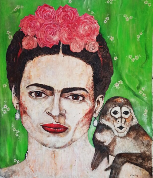 Painting titled "Frida and the monkey" by Arnaldo Mangolini, Original Artwork, Acrylic