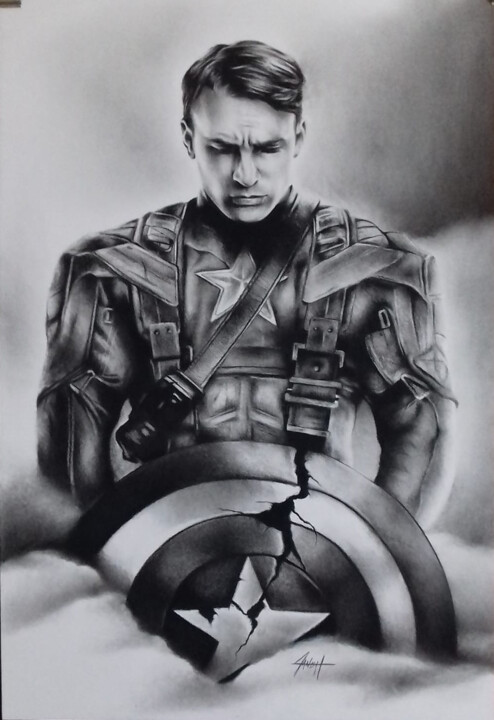 Dessin intitulée "Captain America" par Arnaud Baneat, Œuvre d'art originale, Conté