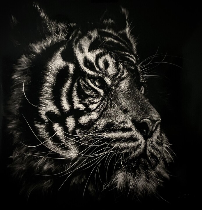 Pittura intitolato "Tigre" da Arnaud Chapalain, Opera d'arte originale, Olio Montato su Pannello di legno