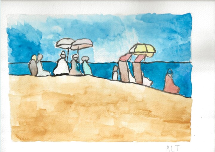 Peinture intitulée "Un samedi à la plage" par Arnaud De La Tour, Œuvre d'art originale, Aquarelle