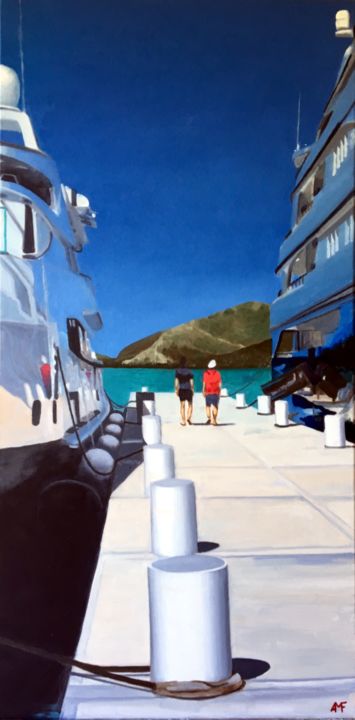 Painting titled "Antigua Yacht Club" by Arnaud Feuga, Original Artwork, Oil Mounted on Wood Stretcher frame
