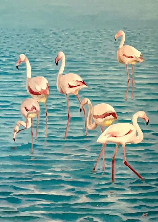 「Flamingos 2」というタイトルの絵画 Arnaud Feugaによって, オリジナルのアートワーク, オイル