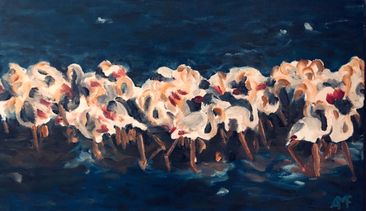 Pittura intitolato "Réveil de flamants…" da Arnaud Feuga, Opera d'arte originale, Olio