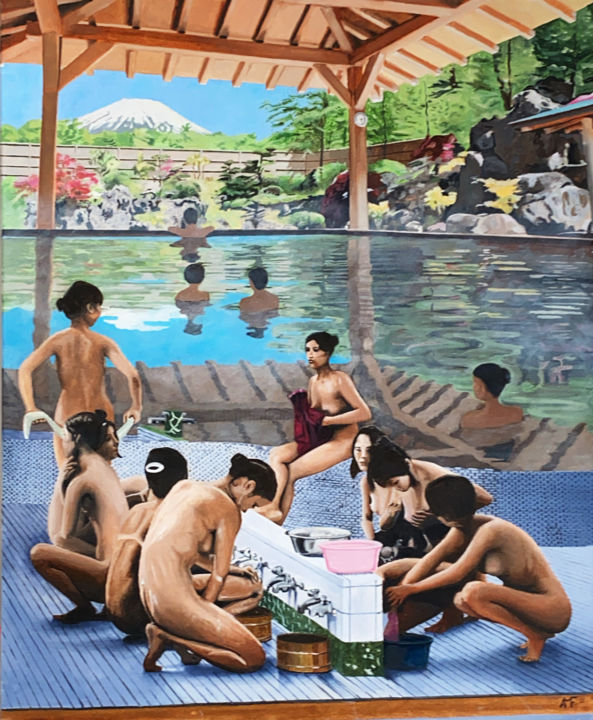 Painting titled "Bain japonais" by Arnaud Feuga, Original Artwork, Oil Mounted on Wood Stretcher frame