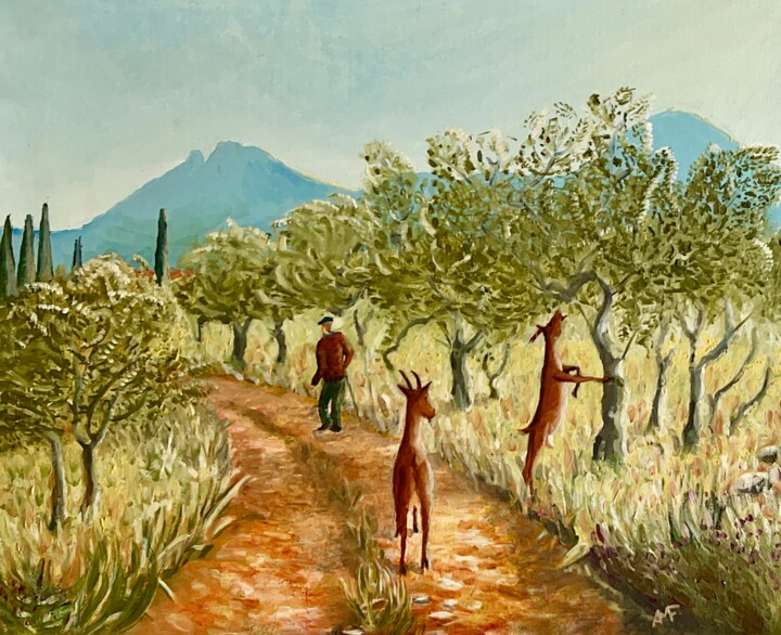 Malarstwo zatytułowany „Chèvres et oliviers” autorstwa Arnaud Feuga, Oryginalna praca, Olej