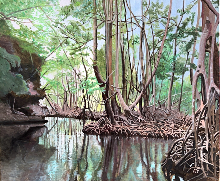 Peinture intitulée "Mangrove en Baie de…" par Arnaud Feuga, Œuvre d'art originale, Huile Monté sur Châssis en bois