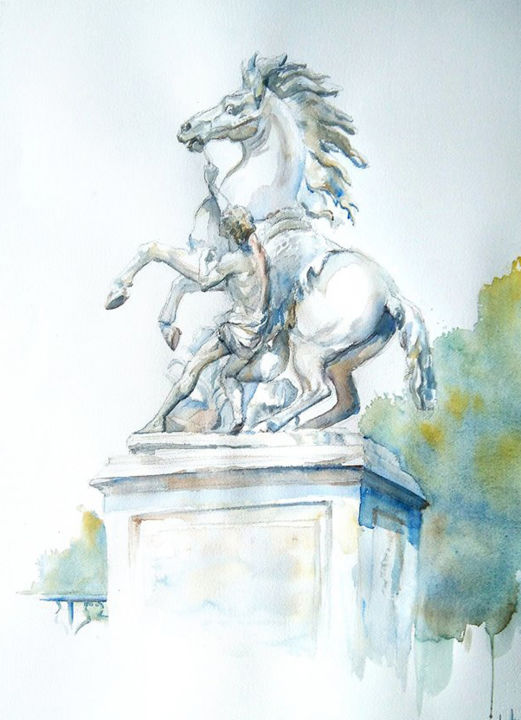 Painting titled "Cheval de Marly" by Arnaud Martin Artiste Peintre, Original Artwork, Watercolor