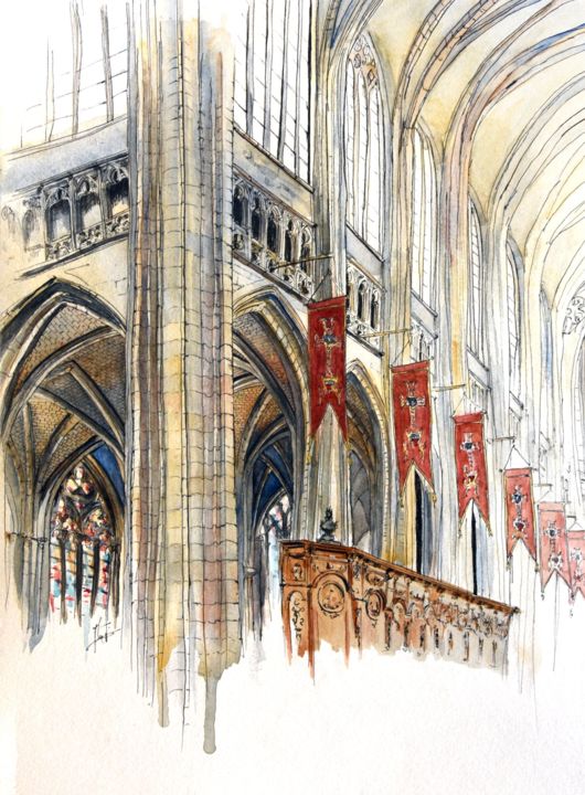 Malerei mit dem Titel "Cathédrale d'Orléans" von Arnaud Martin Artiste Peintre, Original-Kunstwerk, Aquarell