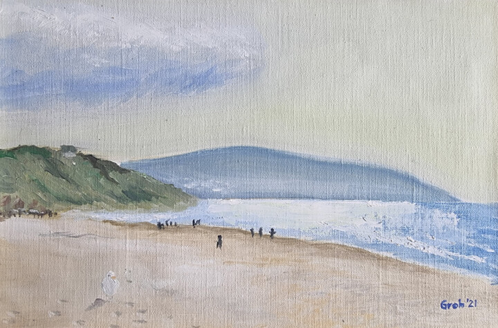 Painting titled "Strand von Deauville" by Arne Groh, Original Artwork, Oil Mounted on Cardboard