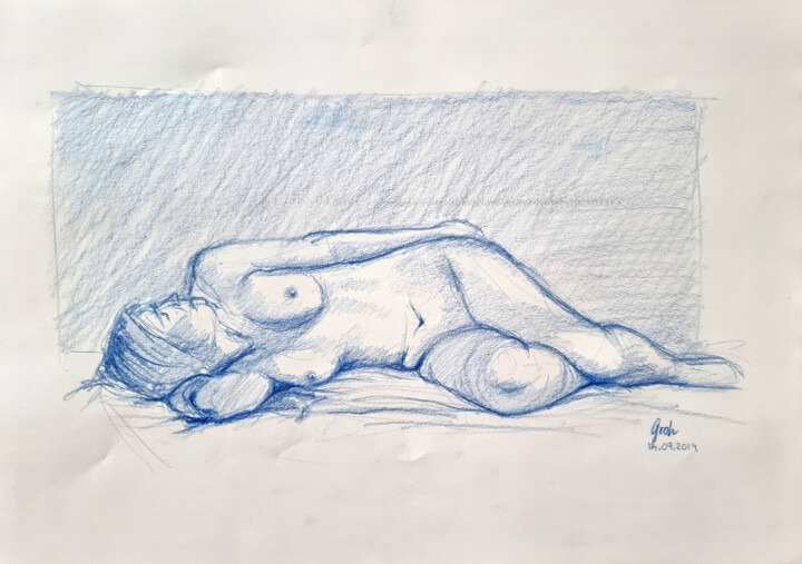 Dessin intitulée "Liegende Nackte" par Arne Groh, Œuvre d'art originale, Crayon